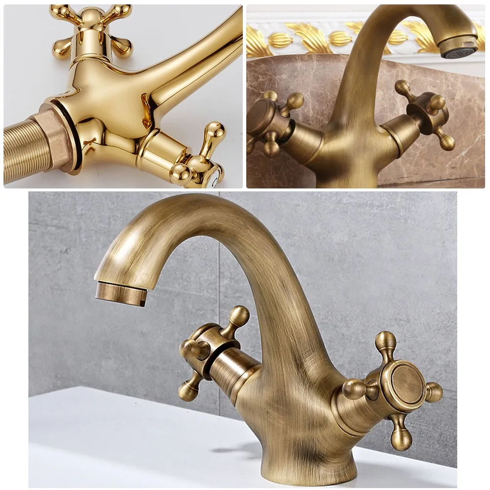 

Retro Antique Bathroom Faucet Hot And Cold Water Crane Bronze Brushed Sink Faucet Dual Handle Swivel Spout Water Tap