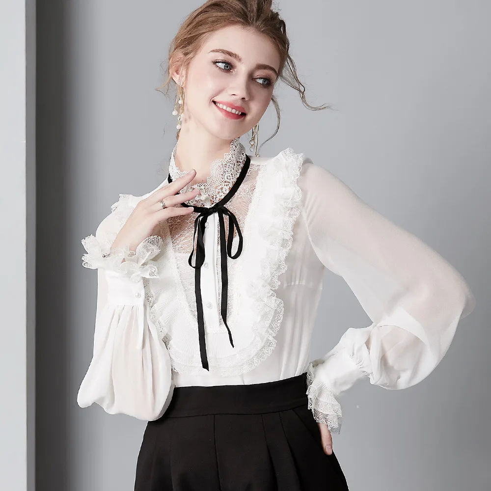Vintage Real Silk Shirt Womens Tops and Blouses Long Sleeve Blouse Spring Clothes Elegant Shirts Ladies Blusas 5359