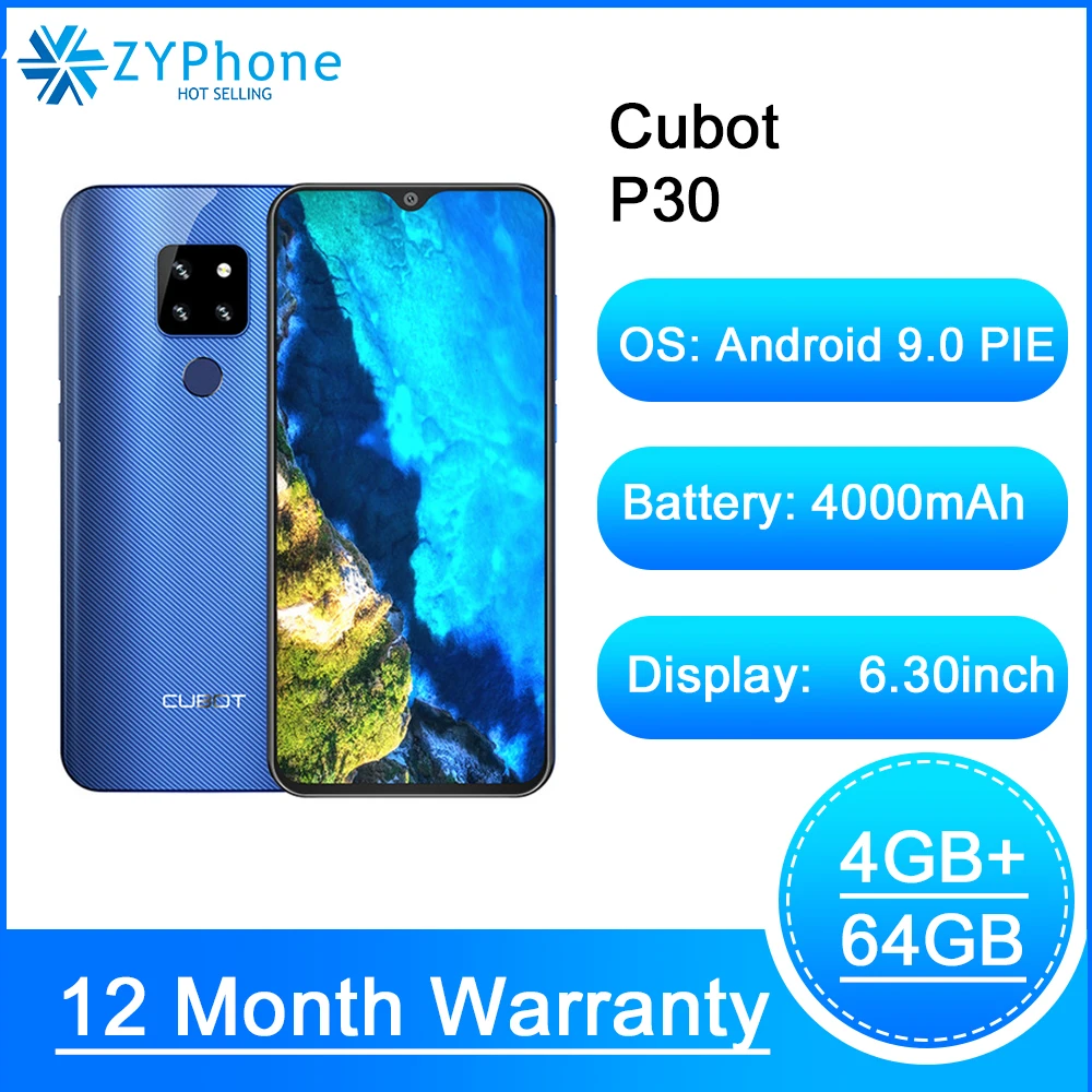 Смартфон Cubot P30 6 3 дюйма 2340x1080p 4 + 64 ГБ Android 9 0 4000 мА ч|Смартфоны| |