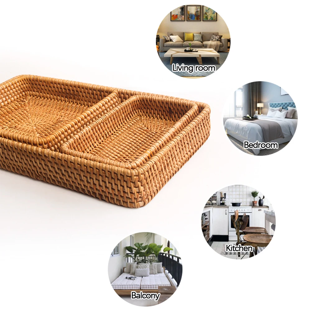 

Rattan Woven Tray Hand-Woven Basket Fruit Food Snack Rattan Storage Tray Living Room Bedroom Home Office Decor Storage Basket