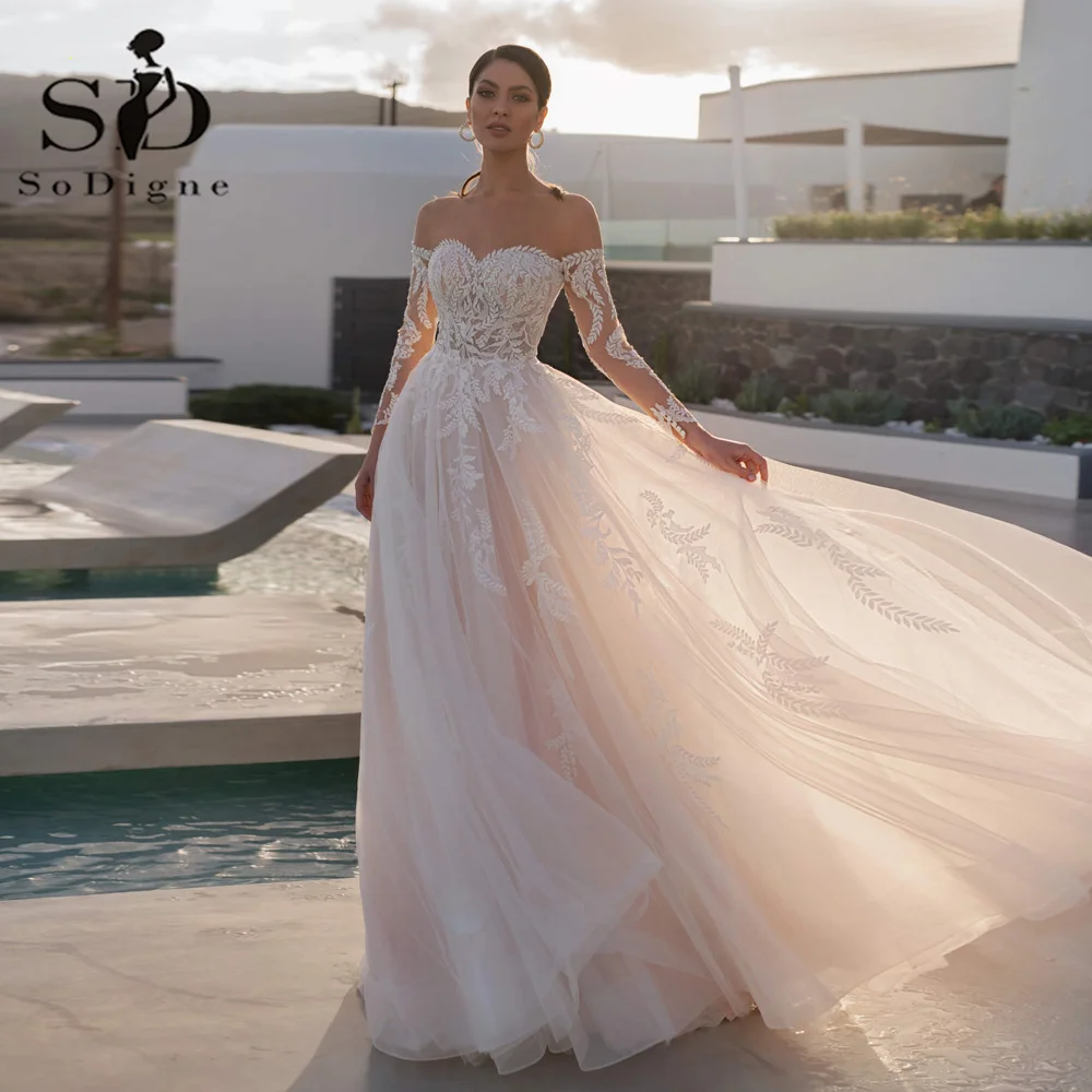 

SoDigne Boho Pink Wedding Dresses Long Sleeves Off The Shoulder Vintage Princess Bridal Gown Lace Applique Beach Bridal Dress