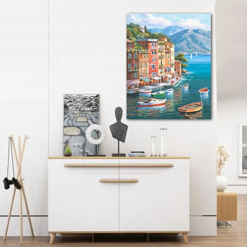 DIY Цифровая живопись морской пейзаж речной город художественное украшение