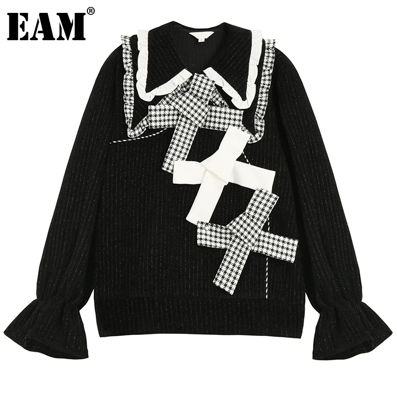 

[EAM] клетчатый вязаный свитер большого размера с бантом и воротником «Питер Пэн», женские пуловеры с длинными рукавами, новая мода осень-зима...