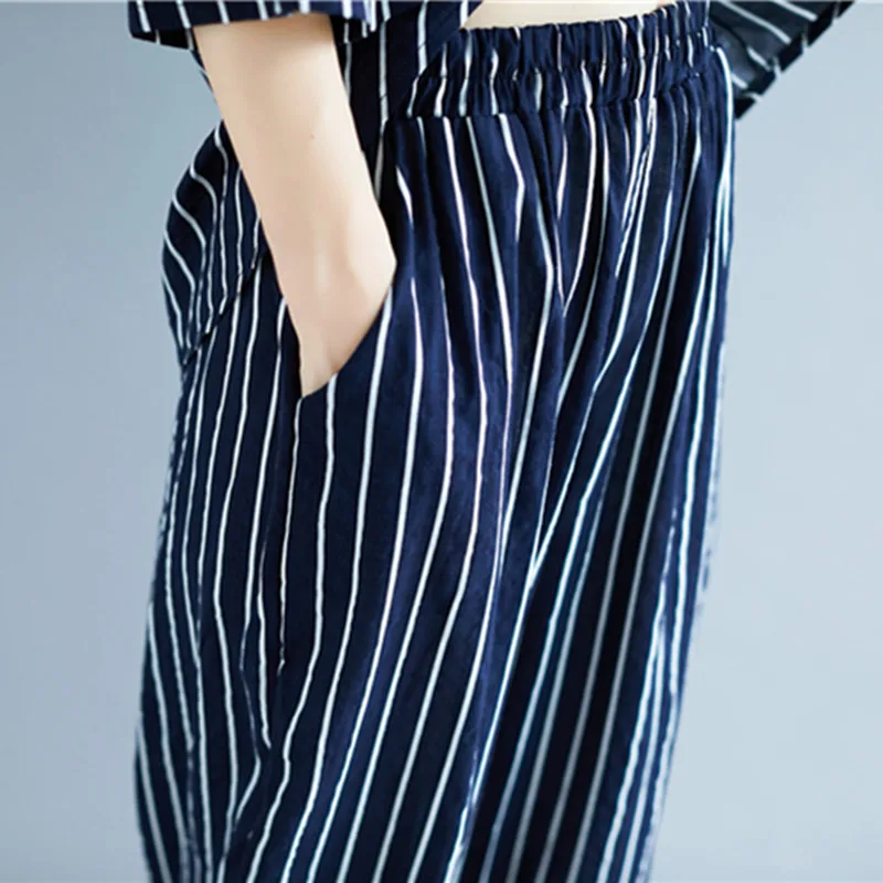 

Johnature 2021 Spring Summer New Striped Women 2 Pieces Sets Casual Loose Half Sleeve Top And Calf-legth Pant Female Sets