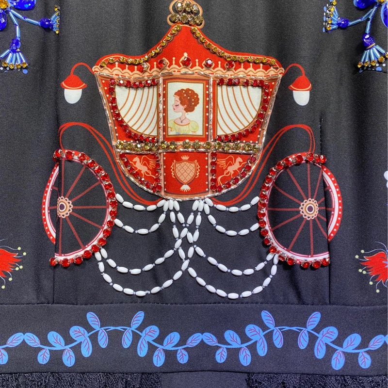 

Seifrmann Women Fashion Summer DesignerA-Line Dress Lace Crystal Beading Vintage Printed Ladies Lantern Sleeve Midi Dress 2021