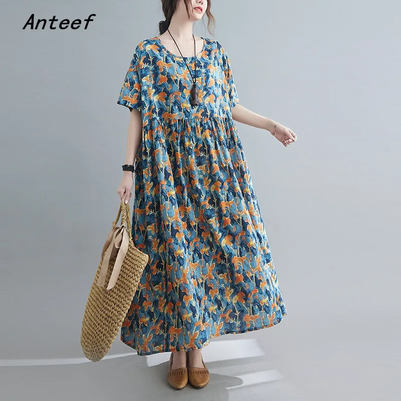 

short sleeve cotton vintage floral dresses for women casual loose long summer dress elegant clothes 2021 sundress