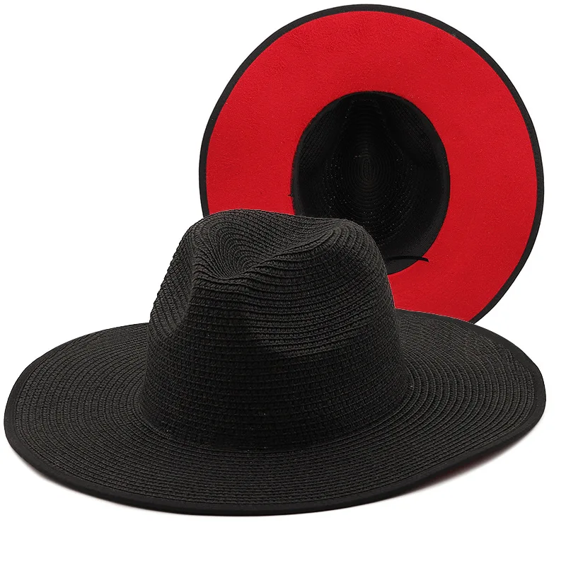 

9.5CM Wide Brim Oversized Beach Hats For Women Large Black Red Bottom Straw Hat UV Protection Foldable Sun Shade Hat Wholesale