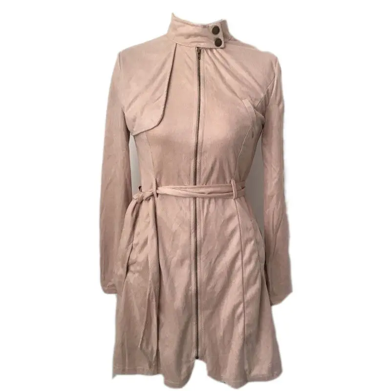 

2018 Autumn Women Turtleneck Zipper Pockets Long Trench Velvet Skin Wind Breaker Belt Slim Outwear High Street Tops