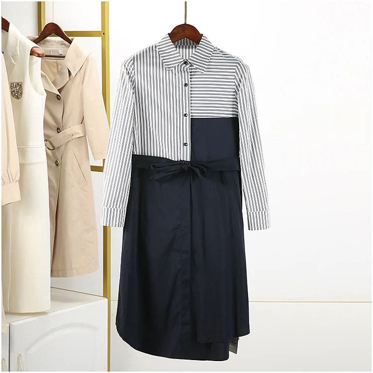 

Dongyangjia [Poetry Series] 2021 New Autumn Clothes Polo Collar Stripes Slimming Patchwork All-Matching Dress 1203