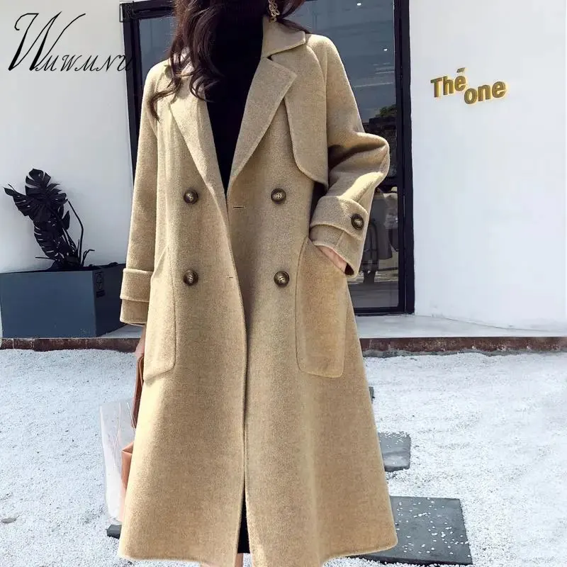 Elegant Double Breasted Wool Blend Coat Women Winter Warm Long Windproof Woolen Overcoat Chic High Street Korean Fashion Jackets