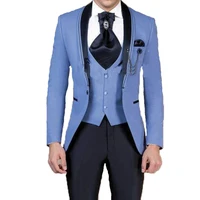 2020 new arrival blue groom tuxedos groomsmen shawl lapel one button men suits best man blazer three piece jacketpantsvest