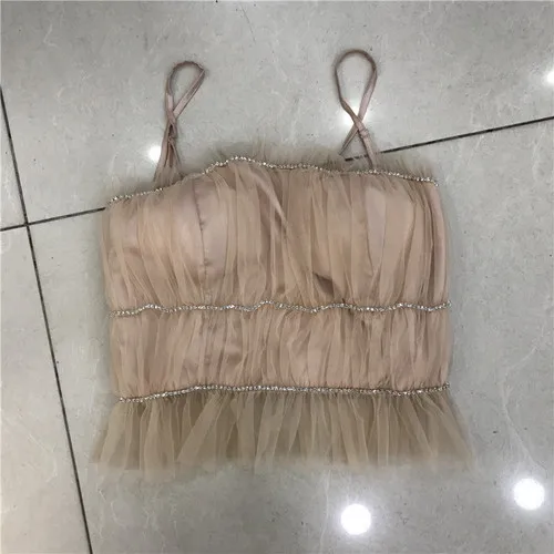 Rhinestone Mesh Camisole Women's Slim Fit Short Pleating Sling Shirt Sexy Crop Top Girls Ladies Blusas Mujer 2021