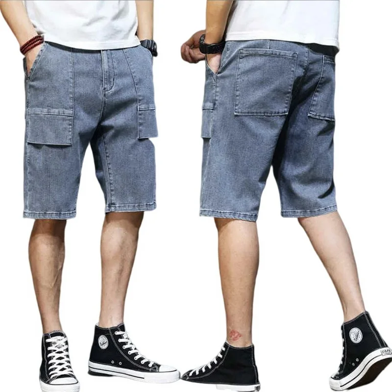 Summer Jeans Men Distressed Jeans Big Pocket Streetwear Jeans Man Knee Length Denim Trousers Size 28-44