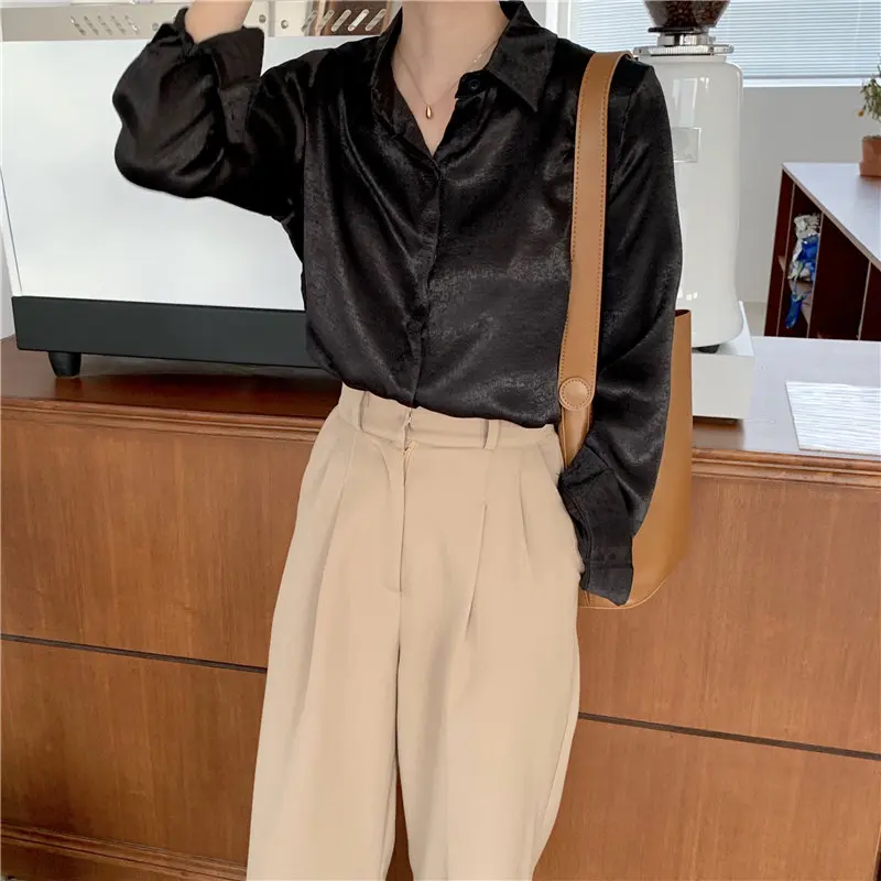 

HziriP Retro Black Sweet Solid OL Women 2021 Autumn Chic Loose Elegance Vintage Office Lady Female Brief Hot All Match Shirts