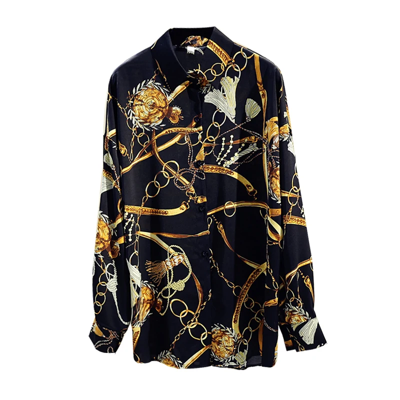 

Spring Autumn Women's Shirt New Office Lady Retro Wild Loose Large Size Printed Long Sleeve Shirt Women Chiffon Top Shirt GD