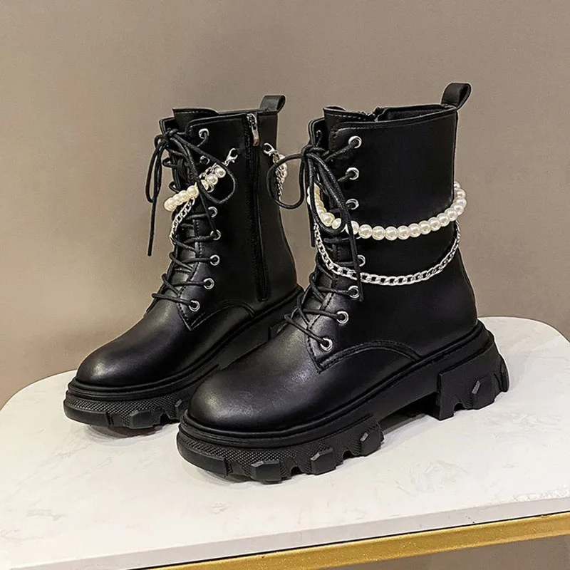 2021 shoes woman Boots Women Chunky Martin Shoes Zipper Cross Strap Pearl Chain Fashion Platform Ankle Boots Thick Heels