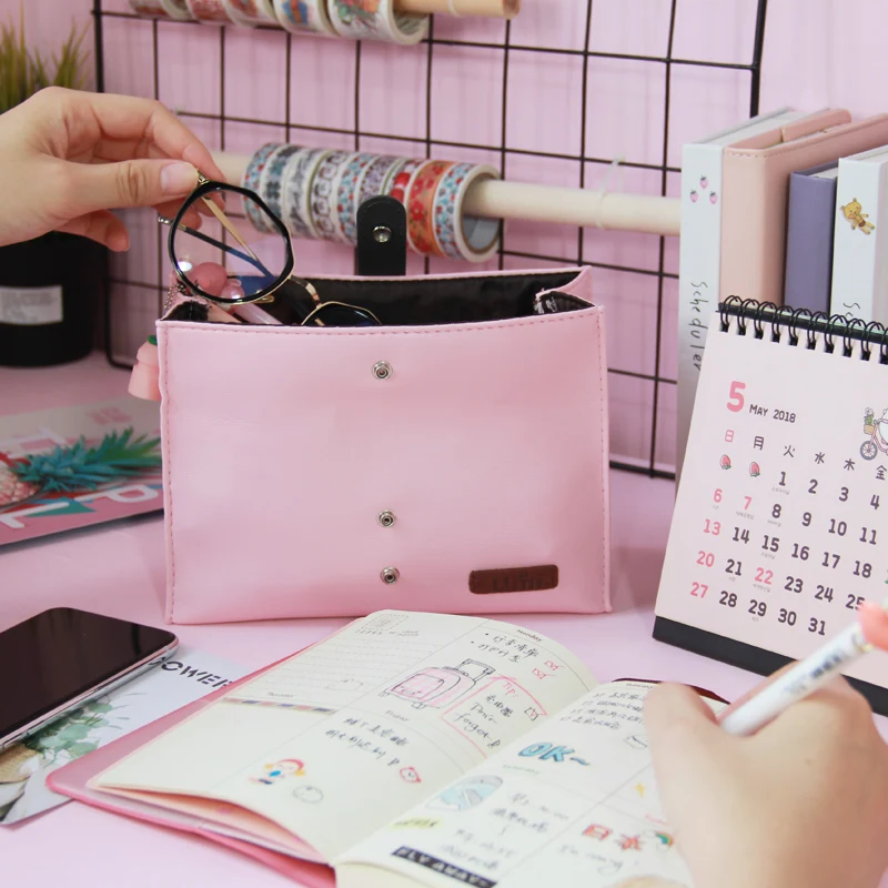 Kawaii простой кожаный большой чехол для карандашей девочек сумка ручек большая