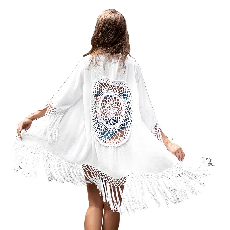 

White Tassel Crochet Bikini Cover Up Sexy Back Cut Out Kimono Women 2021 Beach Bathing Suit Beachwear Tunic Shirt