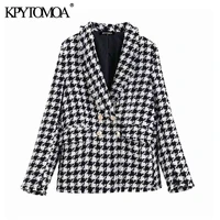 kpytomoa women fashion double breasted houndstooth tweed blazers coat vintage long sleeve frayed trim female outerwear chic tops