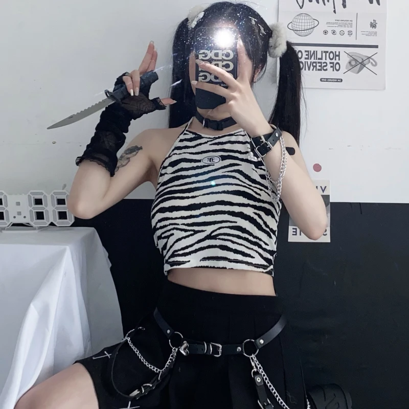 

Harajuku Diablo WomenS Sling For Tops Spring Summer Street Zebra Cartoons Sleeveless Short Sexy Bandage Slim Casual Sling Vest