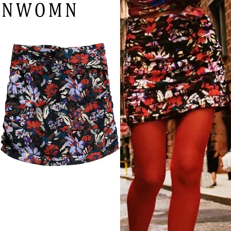

Za Women's Skirt Floral Mini Skirts Woman 2021 High-waisted Pleated Skirt Vintage Ruched Autumn Short Bodycon Elegant Y2k Skirts
