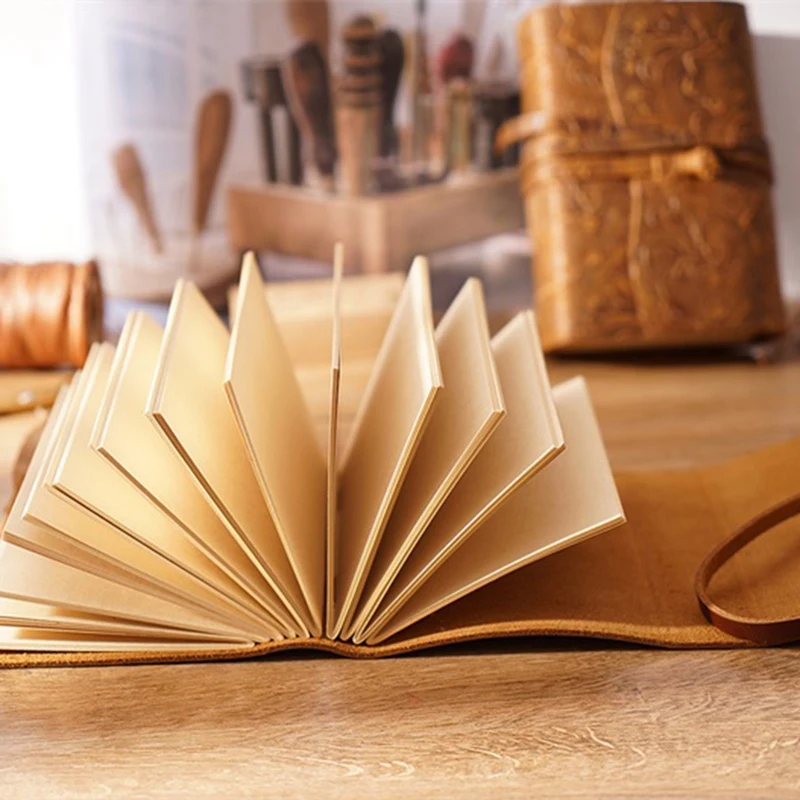 

Handmade Leather Notebook Brown Thick Travel Diary Blank Kraft Paper Tie Rope Sketchbook Back to School Gift