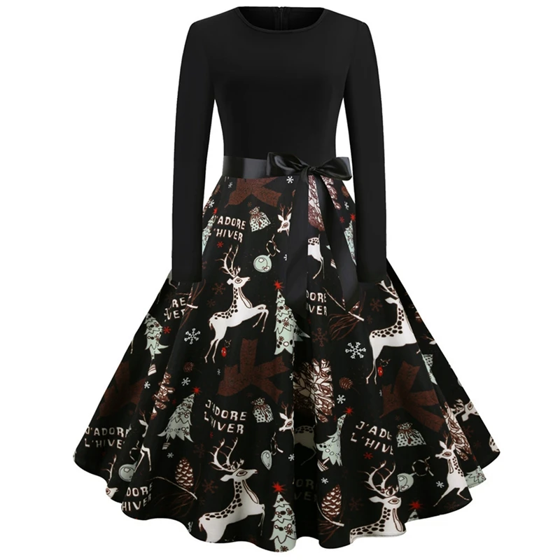 

Women's Fashion Christmas Round Neck Long Sleeve Printed Casual Big Swing Dress