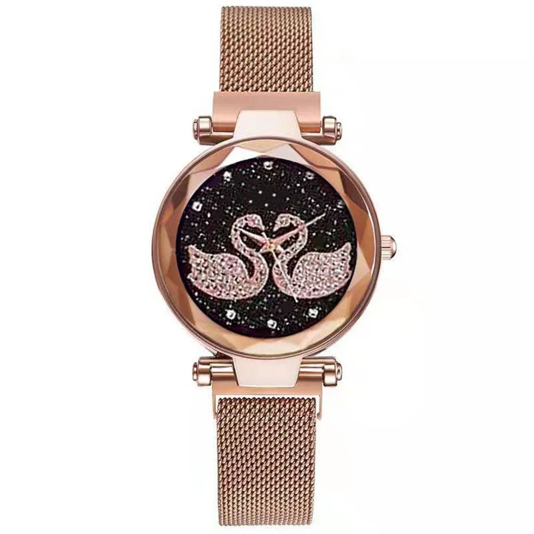 

2021 New Luxury Diamond Double Swan Starry Sky Magnet Watch Hot Selling Milan Mesh Strap Lazy Watch for Women gifts