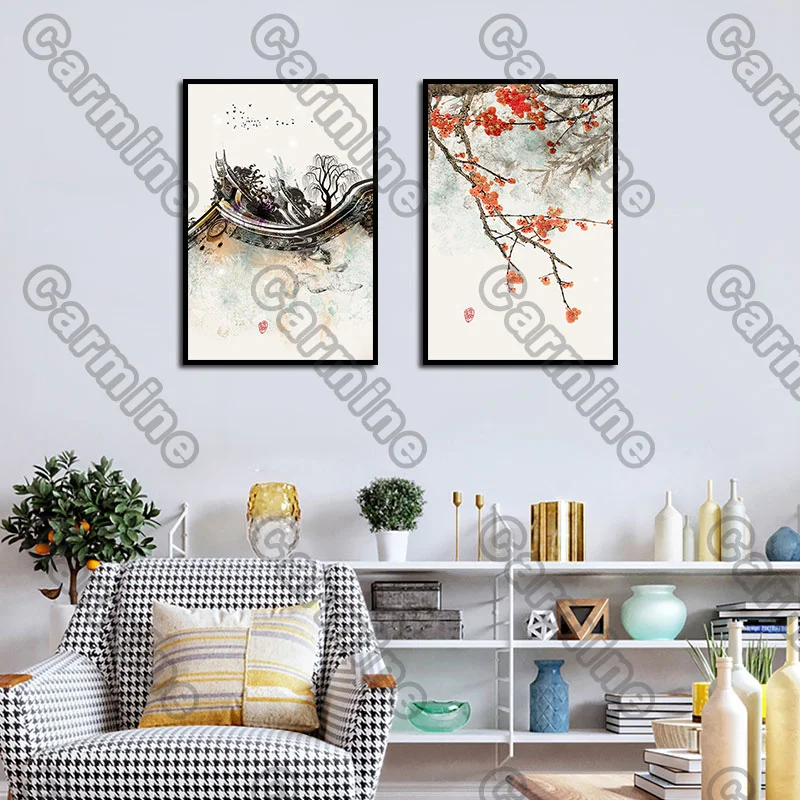 

Poster Eaves Red Plum Chinese Style Landscape Canvas Painting and Prints Wall Art Pictures Decoration for Living Room 3Pcs