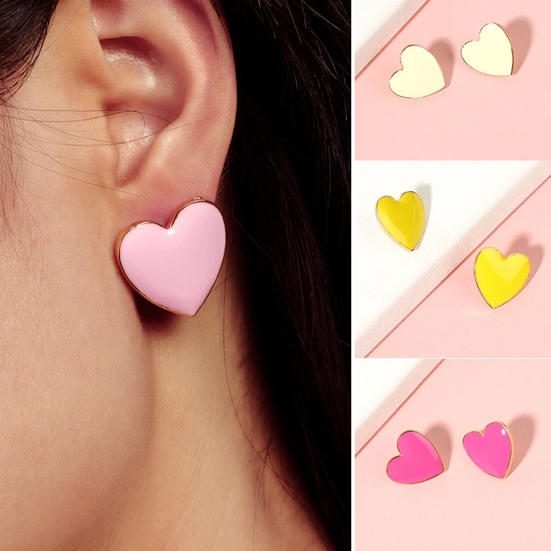 Dripping Oil Heart Shape Cute Stud Earrings for Women Simple Multi Colors Sweet Earring Female Metal Jewelry Chic New Wholesale | Украшения