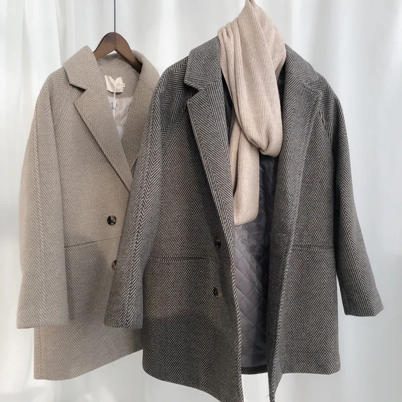 Mooirue весеннее Женское шерстяное пальто Полосатое Толстое Зимнее Новое Свободное