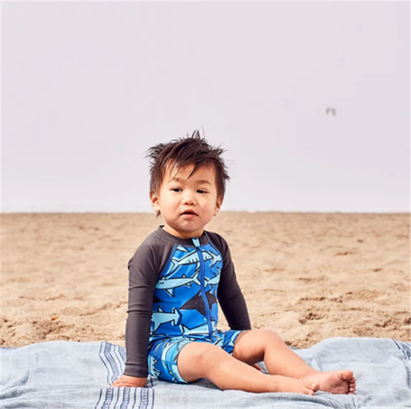 

Kids Boy Summer Long sleeve cartoon print one-piece swimsuit Baby Zipper High Neck Swimming Beach Suits
