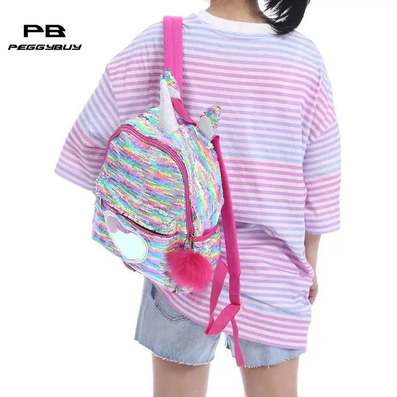 Cute Heart Sequins Travel Backpacks Kids Girls Glitter Shoulder Schoolbag