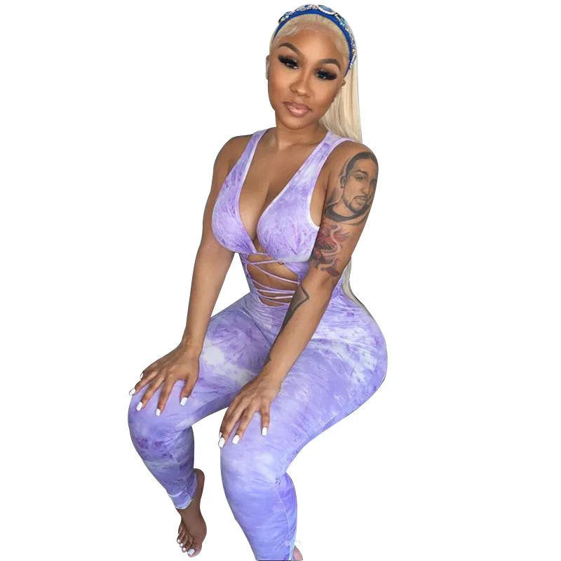 

K9648 Summer Hot Selling AliExpress Tie-Dye Women's Siamese Trousers European and American Printed Bandage Sexy Nightclub Pants