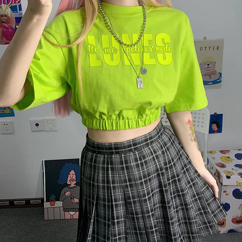 

2021 New Summer Harajuku Short Sleeve Letter Printed Women Cotton T Shirt Y2K Street Style Crop Top Sexy Fashion O-Neck Top Tee