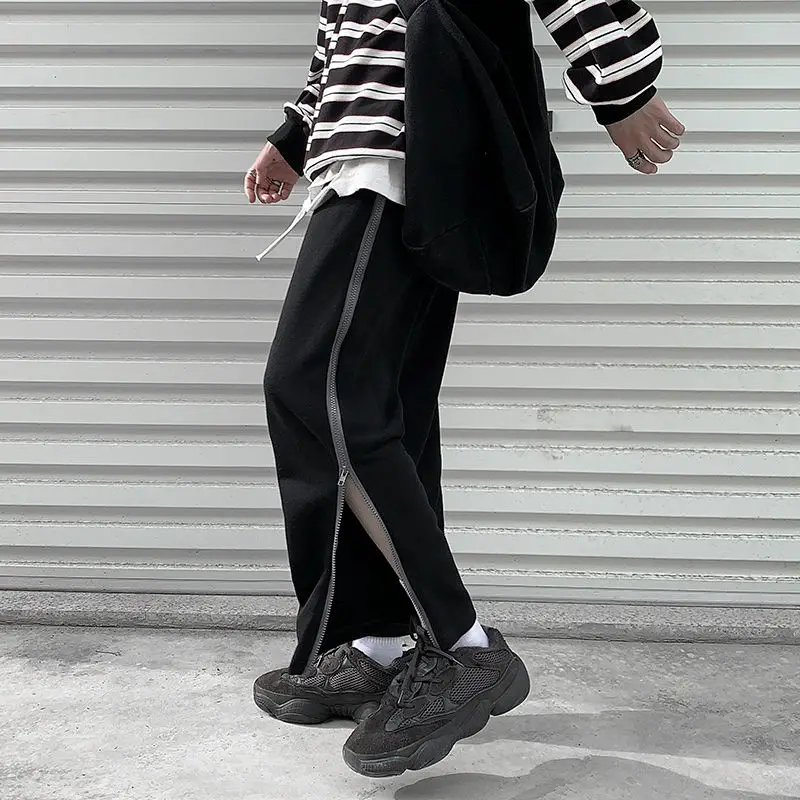 

Spring Summer Sweatpants Men Fashion Zipper Casual Pants Men Streetwear Korean Straight Wide Leg Pants Mens Joggers Track Pants