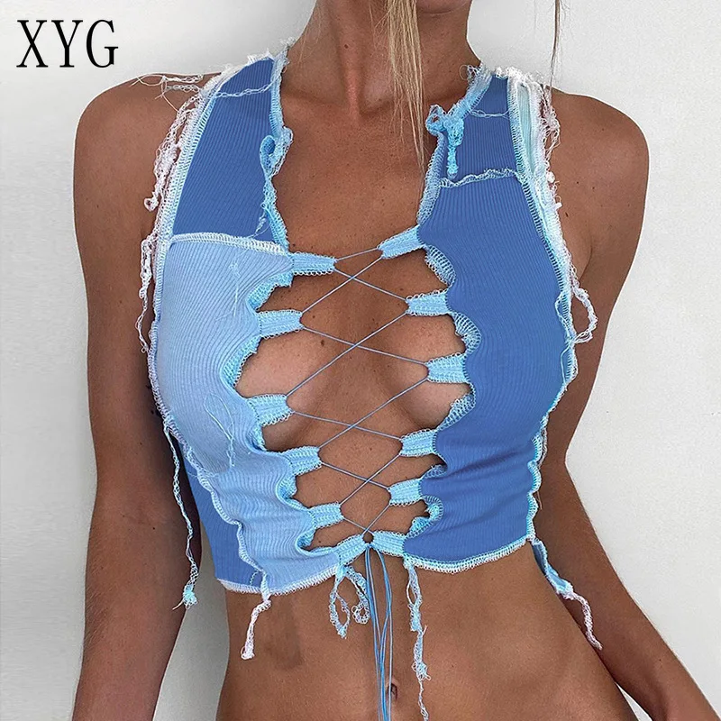 Женская укороченная Футболка с вырезами голубая бандажная футболка в стиле панк