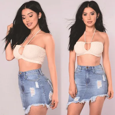 

2021 New Women Holes A-line Bodycon Denim Mini Skirt Ropa Mujer