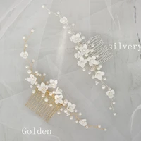 white porcelain flower wedding hair comb vine pearls women jewelry handmade bridal hair piece ornament