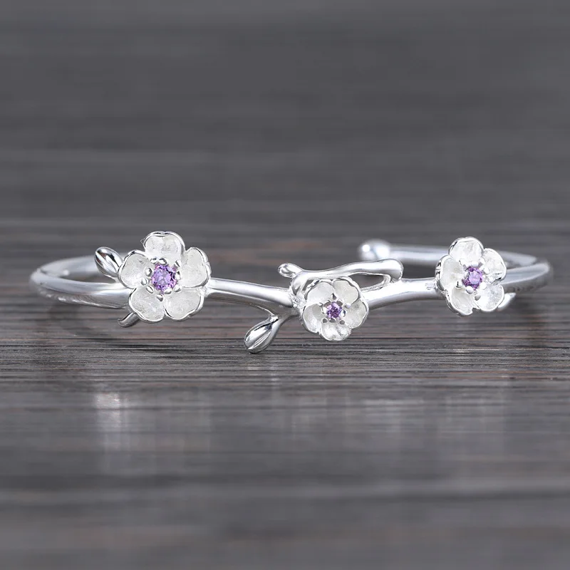 

Серебряный изящный браслет 925 пробы в виде цветка вишни, подключенный к ювелирным изделиям с фиолетовым цирконием, открытая манжета