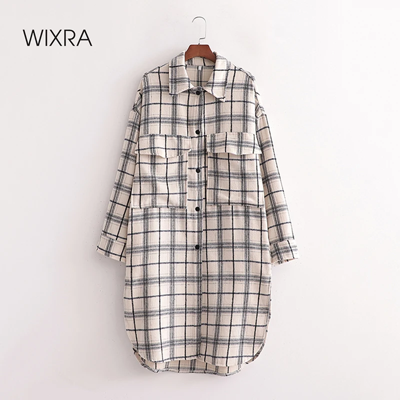 

Wixra Plaid Long Shirt Jacket Coat Ladies Single Breasted Turn Down Collar Big Pockets Female Outerwear For Women Spring New