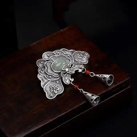 

Vintage S925 Silver Hetian Jade South Red Inlaid Pendant Peony Flower Silver Style for Women Pendant Sweater Chain Long Pendant