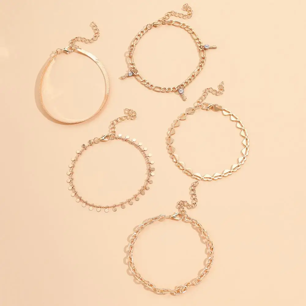 

5Pcs Vintage Boho Style Gold Color Chain Anklets Women Girls Key Heart Butterfly Leg Ankle Anklet Bracelet Beach Jewelry