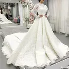 Винтажное кружевное свадебное платье E JUE SHUNG с высоким воротником и длинными рукавами мусульманские свадебные платья арабское платье свадебное платье