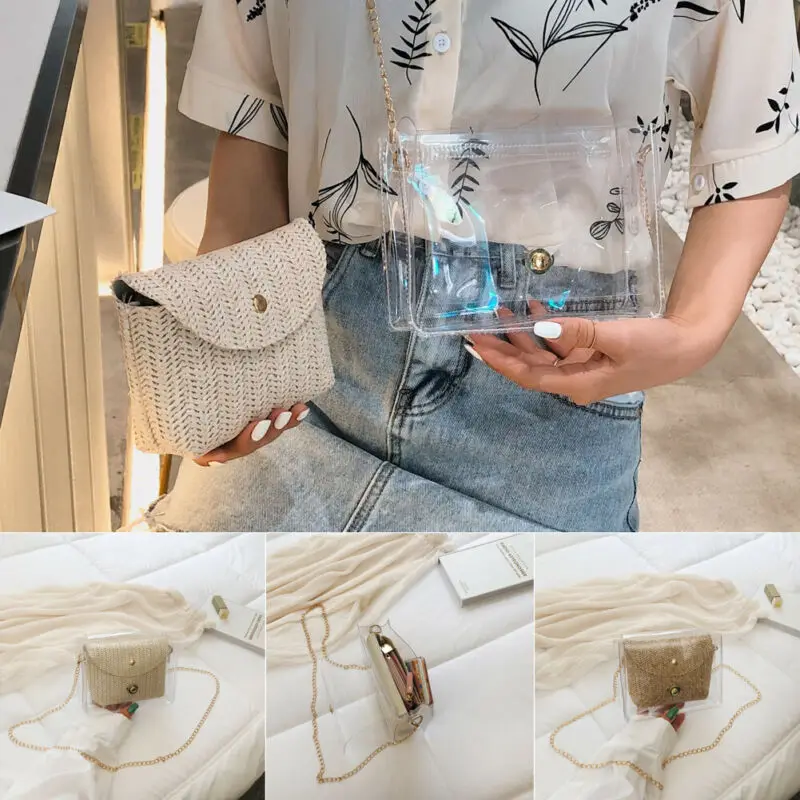 Ретро Винтаж женщины Лето Пляж Tote Сумочка Дамы ротанга соломенная желе сумка