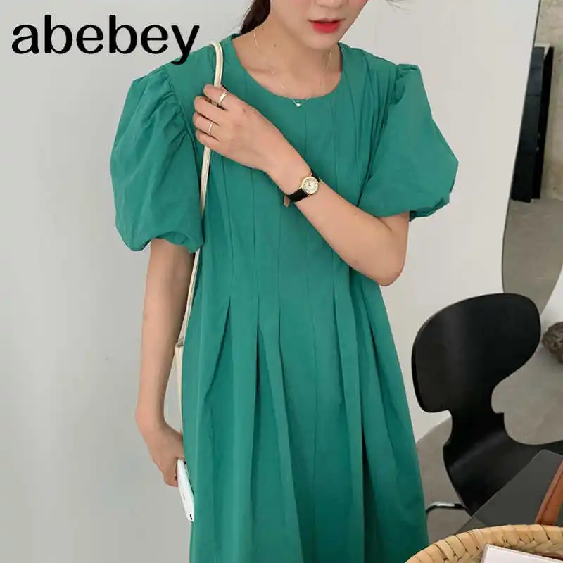 

New Summer Women Retro All-match O-neck puff sleeve Dress candy color ruched loose long Dress 2021