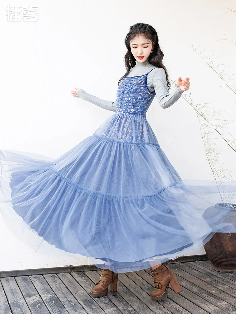 

Free Shipping 2021 Fashion Long Maxi Summer Bohemia Mesh Patchwork S-XL Boshow Print Big Hem Dresses Spaghetti Strap Sleeveless