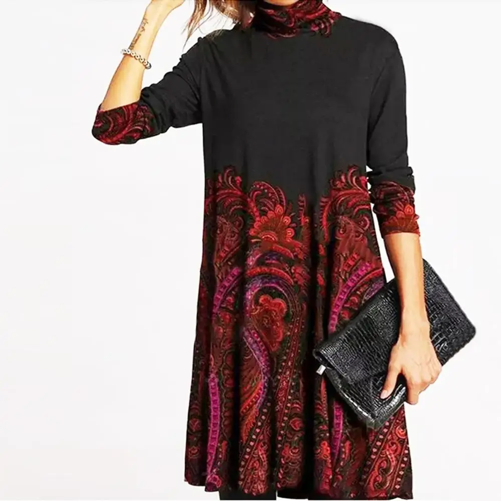 

Women Spring Long Sleeve Turtleneck Loose Dress Elegant Print A Line Mini Dress Casual Plus Size T Shirt Dress 2021 New