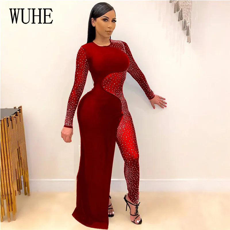 

KEXU Sexy Jumpsuit Stitching Sparkling Diamond Long Sleeve O Neck Package Hip Tight Elegant Women Nightclub Party Streetwear