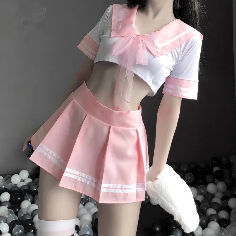 

Erotic Pink Costume Dress Women Miniskirt Velcro Outfit Women Sexy Cosplay Lingerie Student Uniform School Girl Ladies